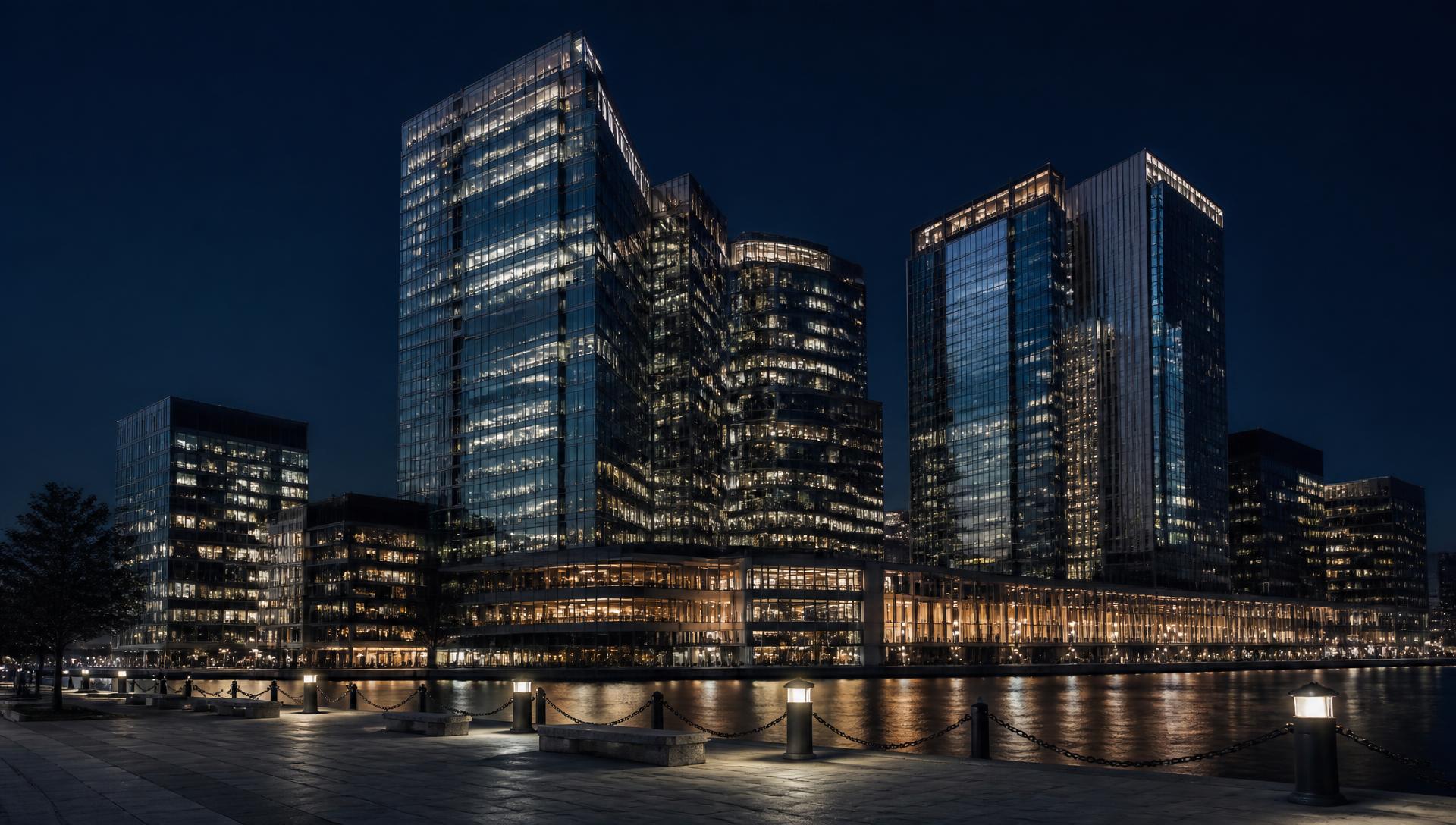 Modern American city financial district at dusk